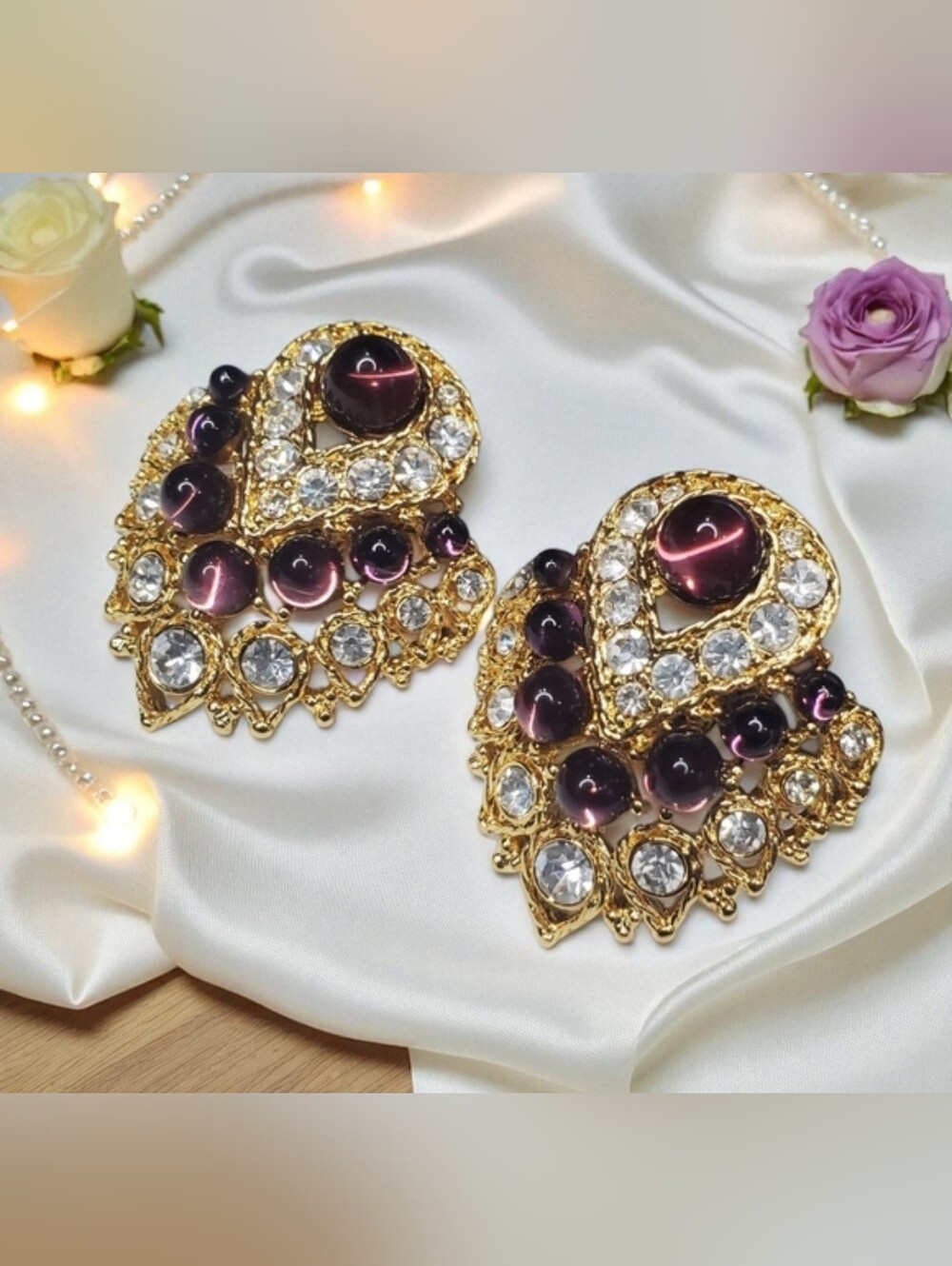 Nolan Miller Vintage Amethyst Glass Cabochon Swarovski Crystal Clip-on Earrings - Picture 2 of 3
